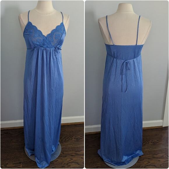 Vintage Women's Gilead Blue Small Nightgown Slip USA Made Braided Lace - Picture 1 of 7